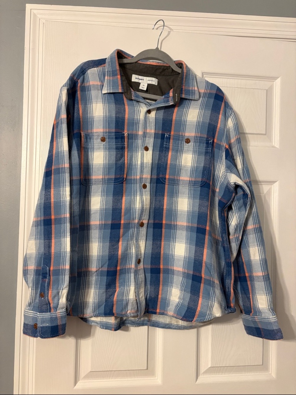 Old Navy Blue, White & Coral Plaid Lightweight Shirt Jacket